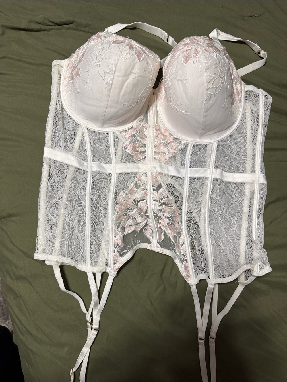 White Lace Longline Bustier with Blush Floral Embroidery